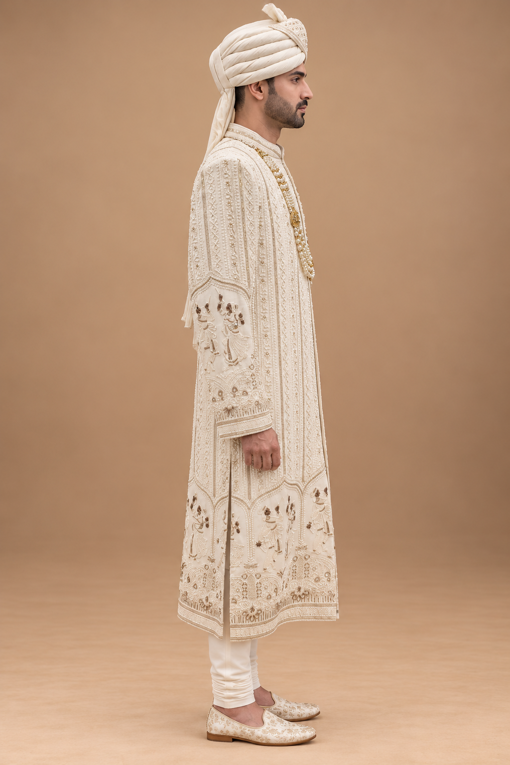 The Devraj Ivory Heritage Hand-Embroidered Groom Sherwani Set