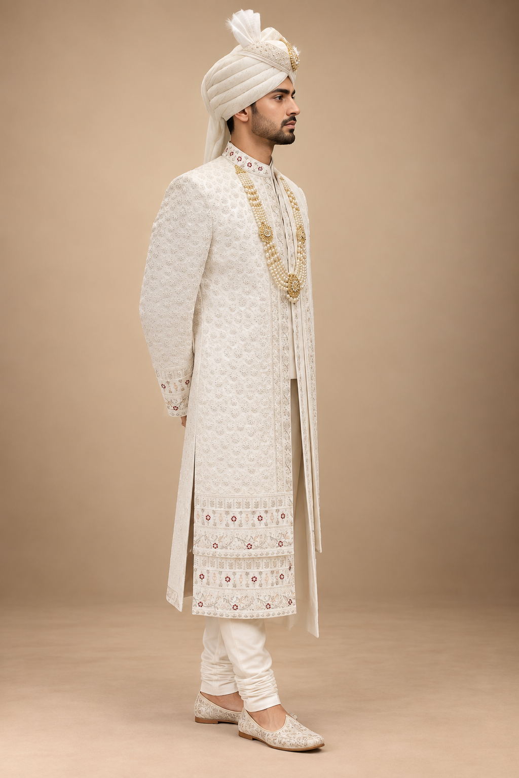 The Aariz Ivory & Ruby Hand-Embroidered Royal Sherwani Set