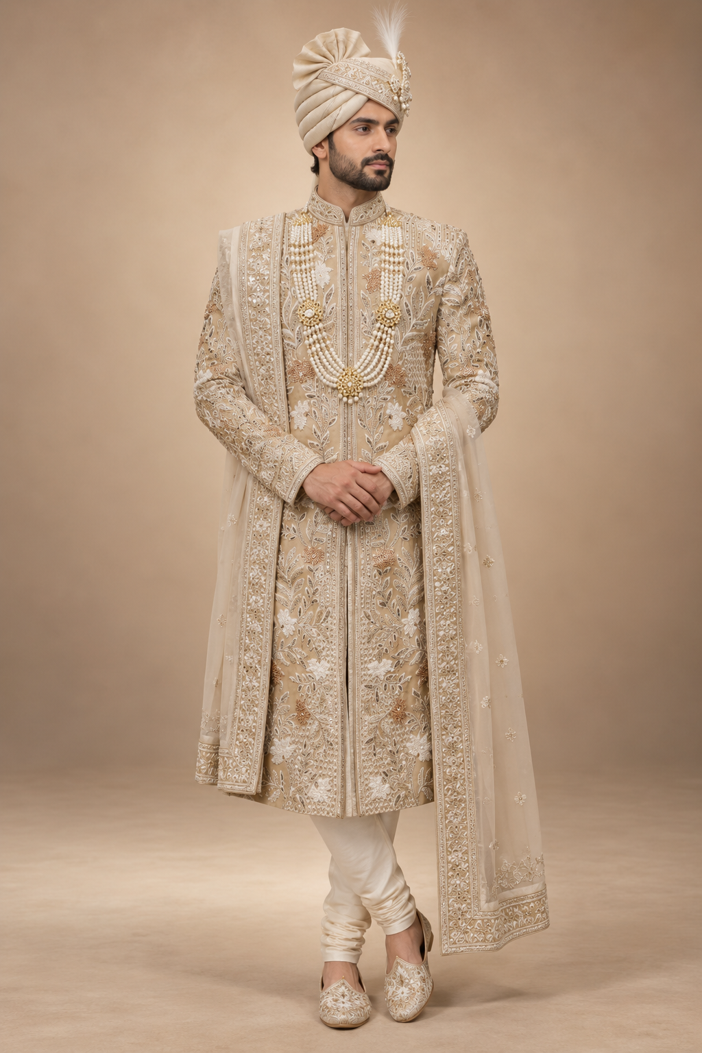 The Zavian Champagne Hand-Embroidered Royal Sherwani Set