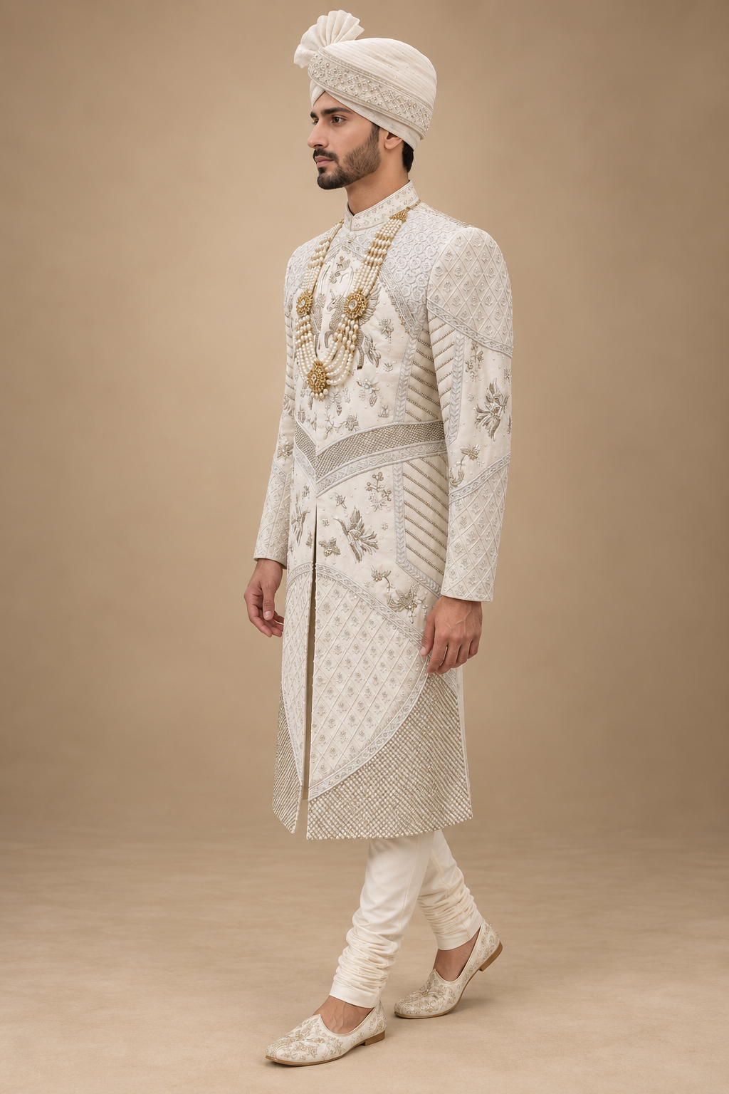 The Aviraj Ivory Hand-Embroidered Royal Groom Sherwani Set