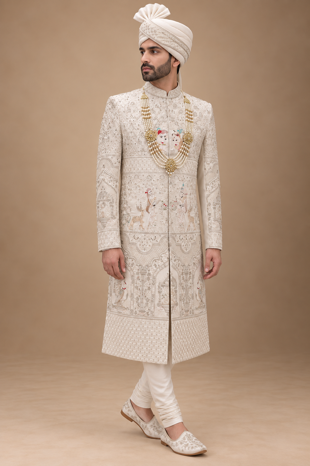 The Rajveer Ivory Heritage Hand-Embroidered Groom Sherwani Set