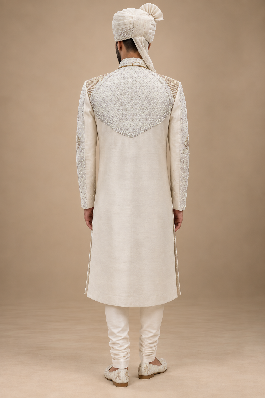 The Aviraj Ivory Hand-Embroidered Royal Groom Sherwani Set
