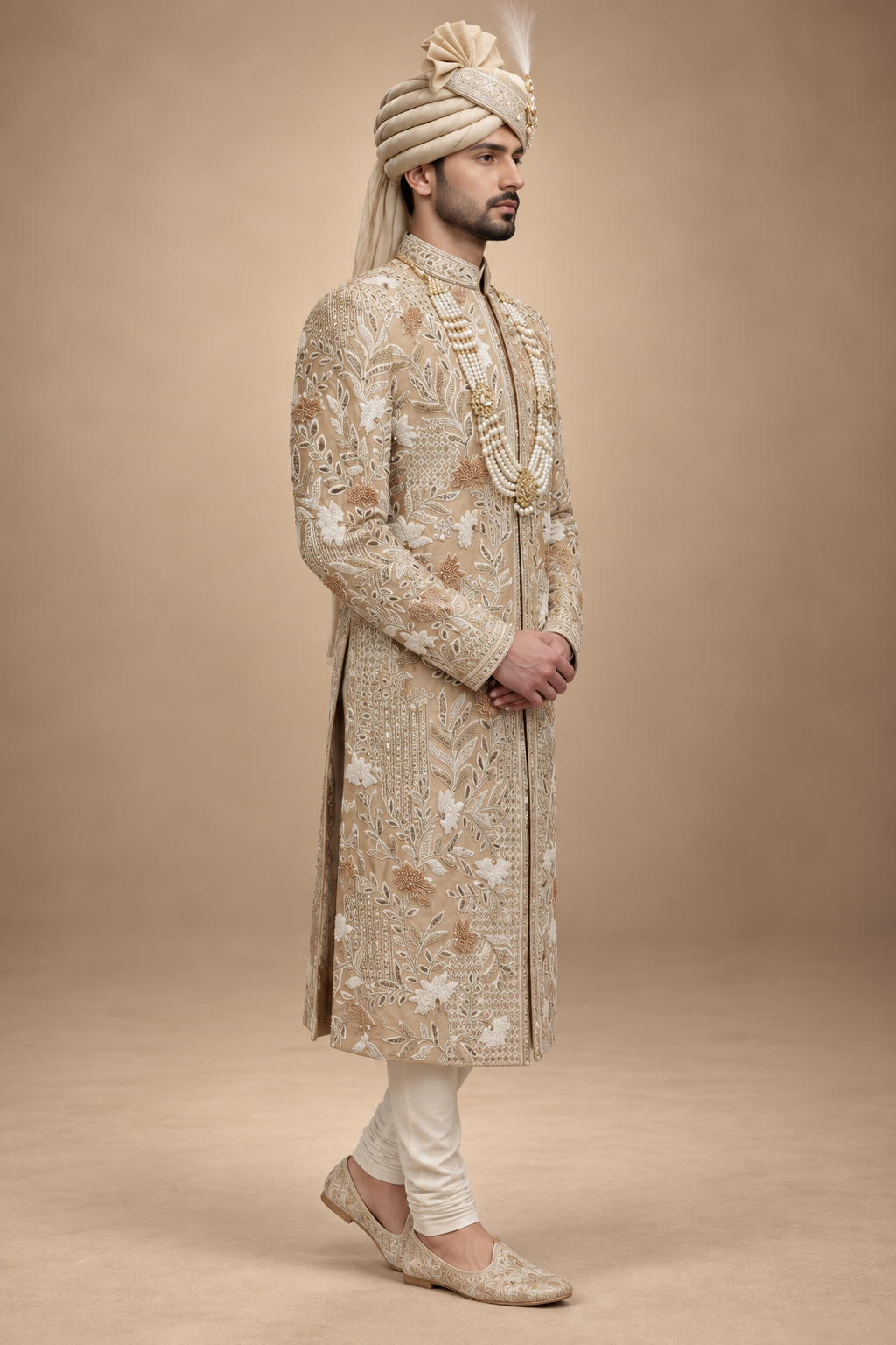The Zavian Champagne Hand-Embroidered Royal Sherwani Set