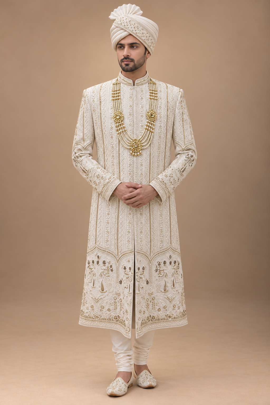 The Devraj Ivory Heritage Hand-Embroidered Groom Sherwani Set