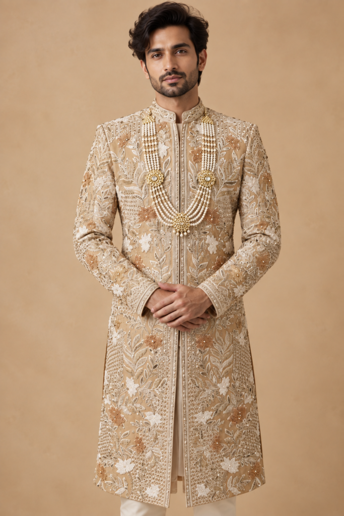 The Zavian Champagne Hand-Embroidered Royal Sherwani Set