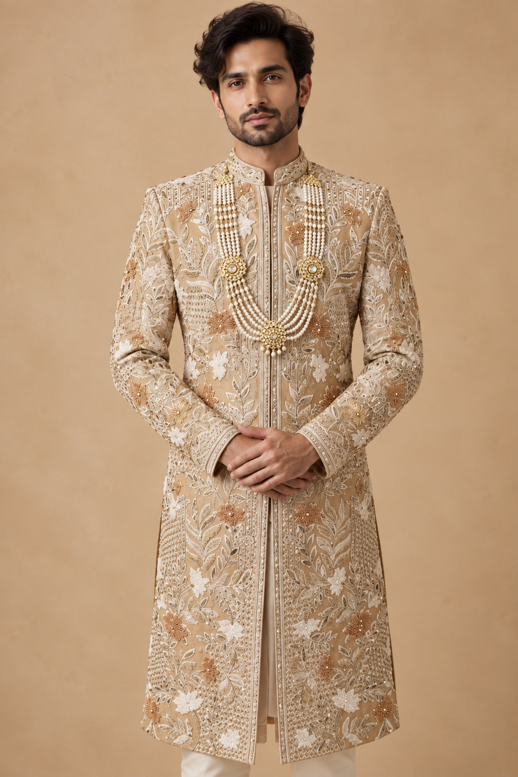 The Zavian Champagne Hand-Embroidered Royal Sherwani Set