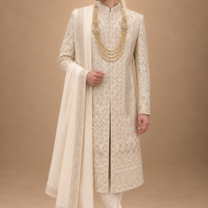 The Advay Ivory Antique-Gold Hand-Embroidered Groom Sherwani Set