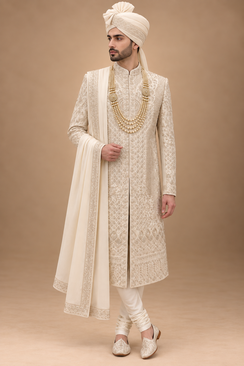The Advay Ivory Antique-Gold Hand-Embroidered Groom Sherwani Set