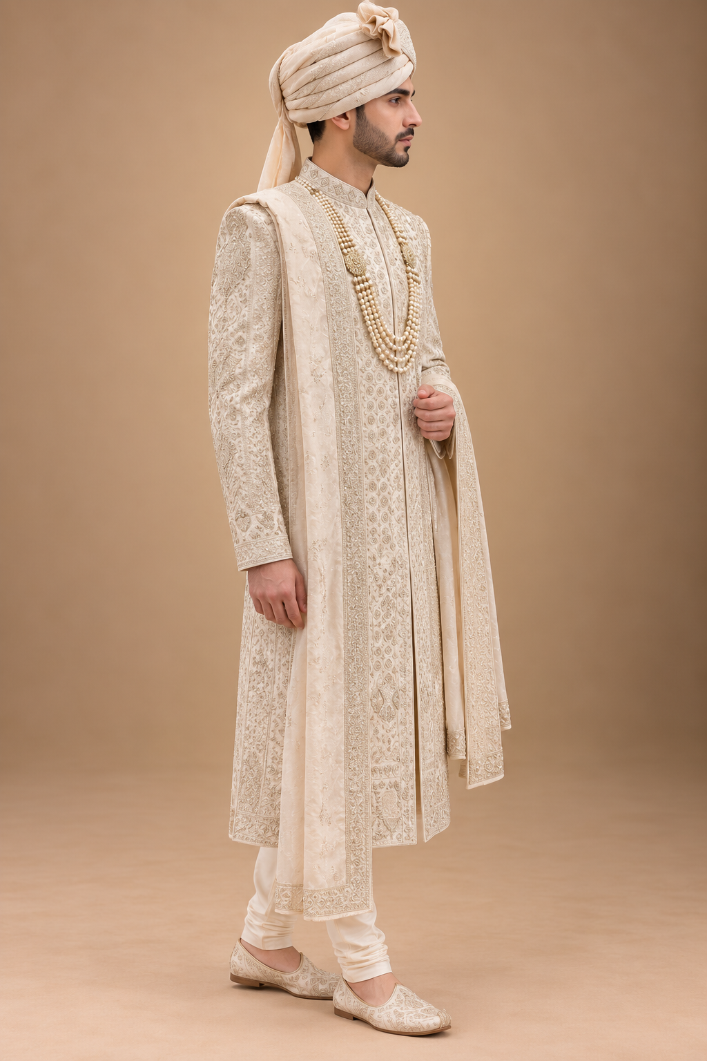 The Advay Ivory Antique-Gold Hand-Embroidered Groom Sherwani Set