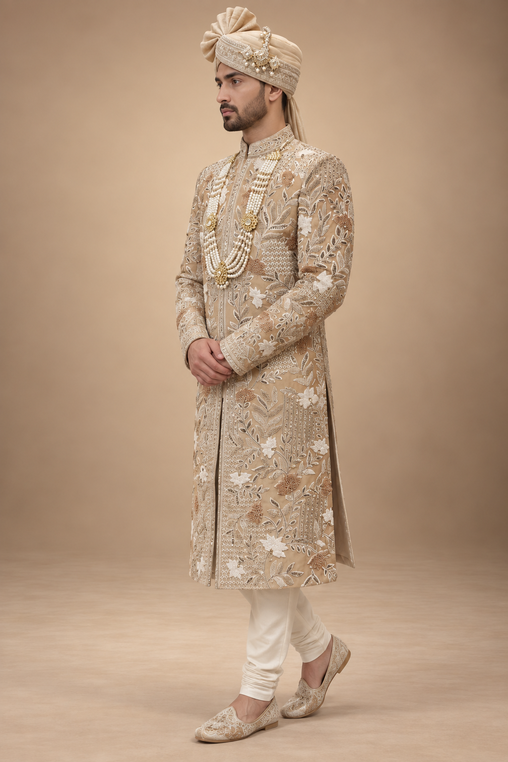 The Zavian Champagne Hand-Embroidered Royal Sherwani Set