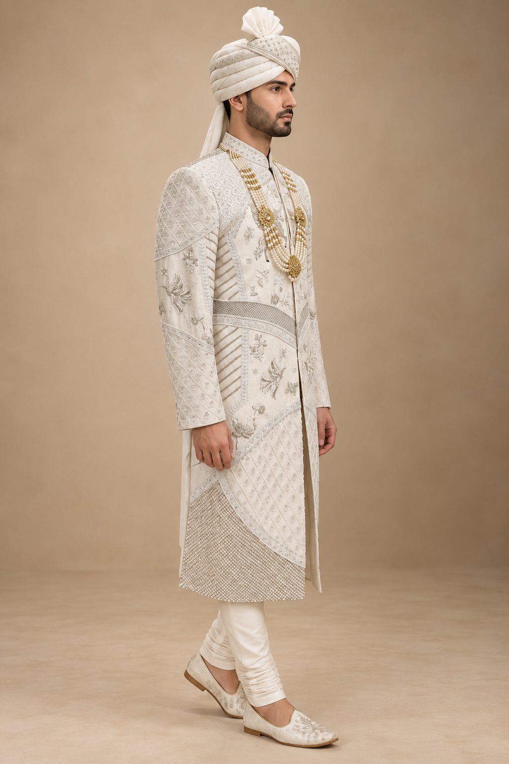 The Aviraj Ivory Hand-Embroidered Royal Groom Sherwani Set
