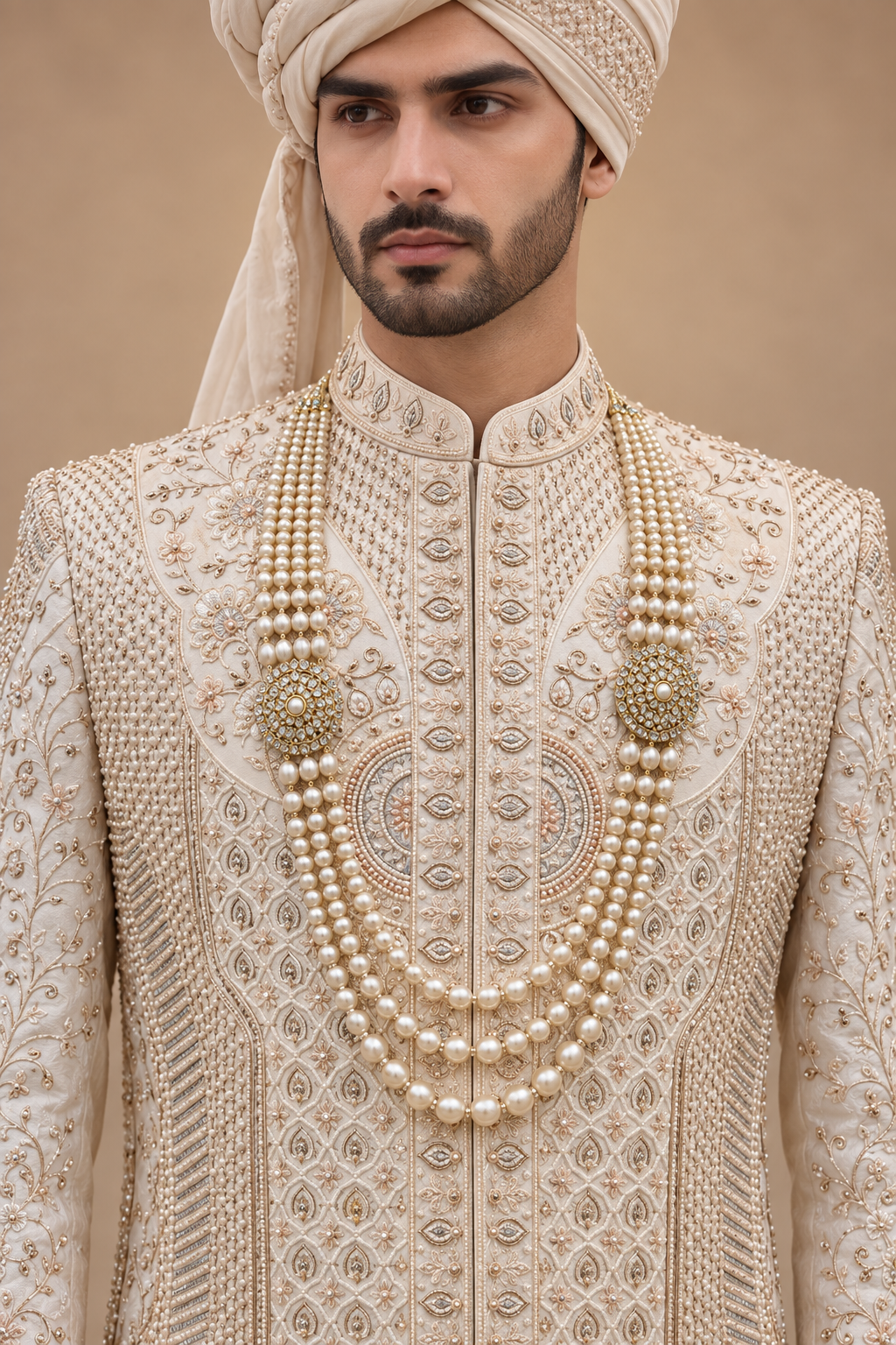 The Advay Ivory Antique-Gold Hand-Embroidered Groom Sherwani Set