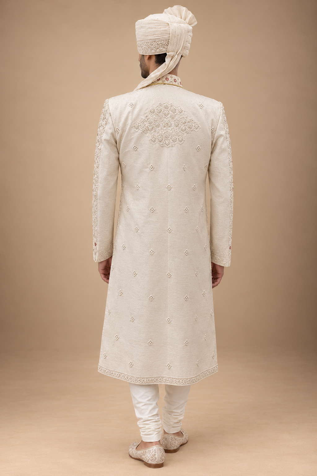 The Aariz Ivory & Ruby Hand-Embroidered Royal Sherwani Set