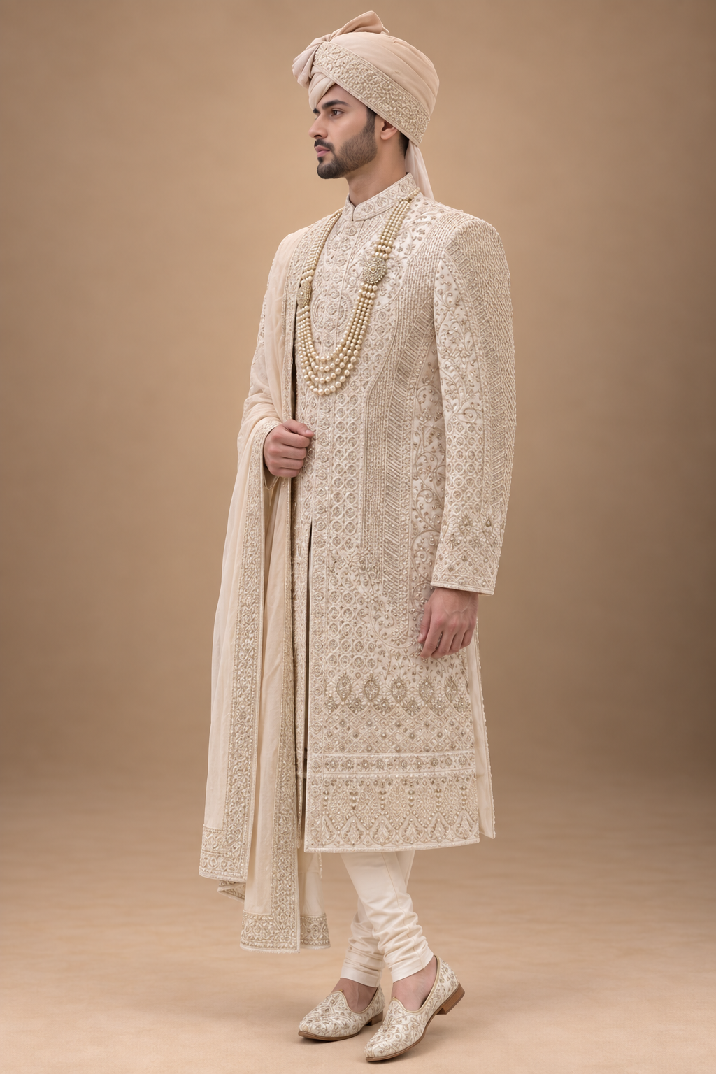 The Advay Ivory Antique-Gold Hand-Embroidered Groom Sherwani Set