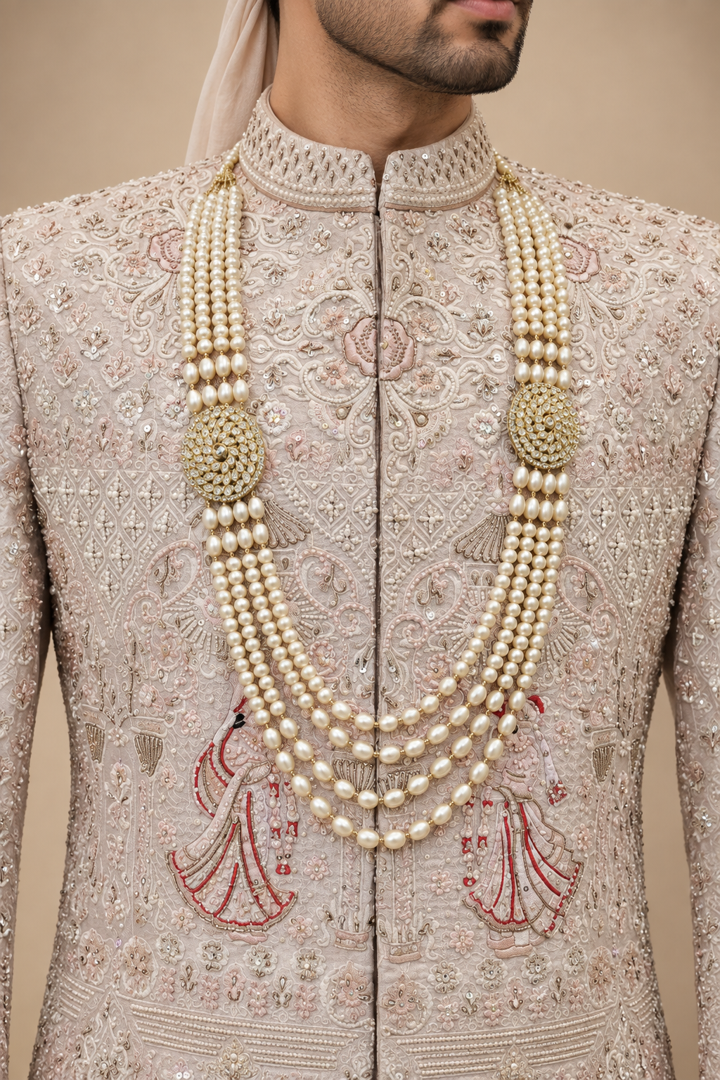 The Mehran Blush Rose Hand-Embroidered Groom Sherwani Set