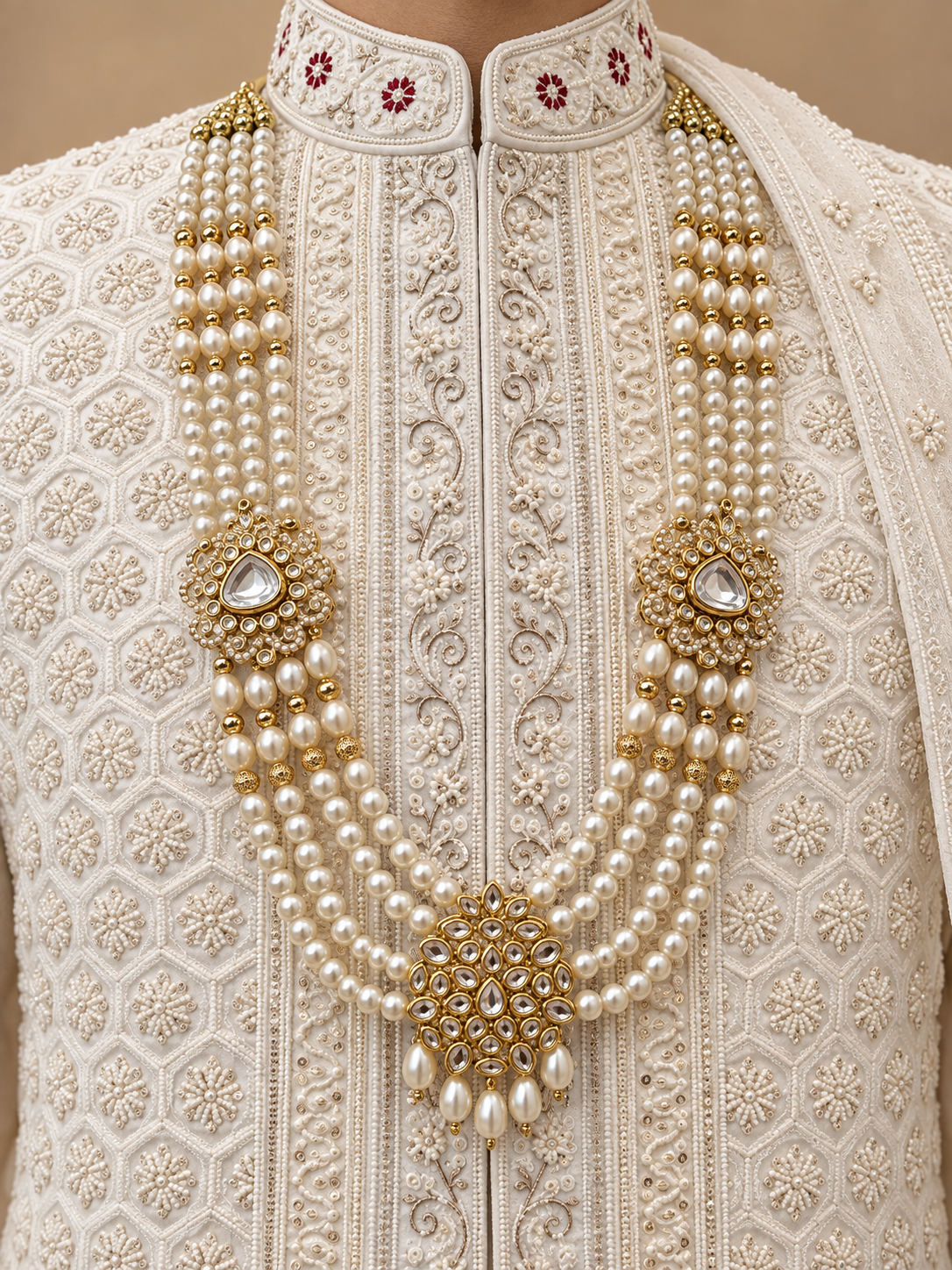 The Aariz Ivory & Ruby Hand-Embroidered Royal Sherwani Set