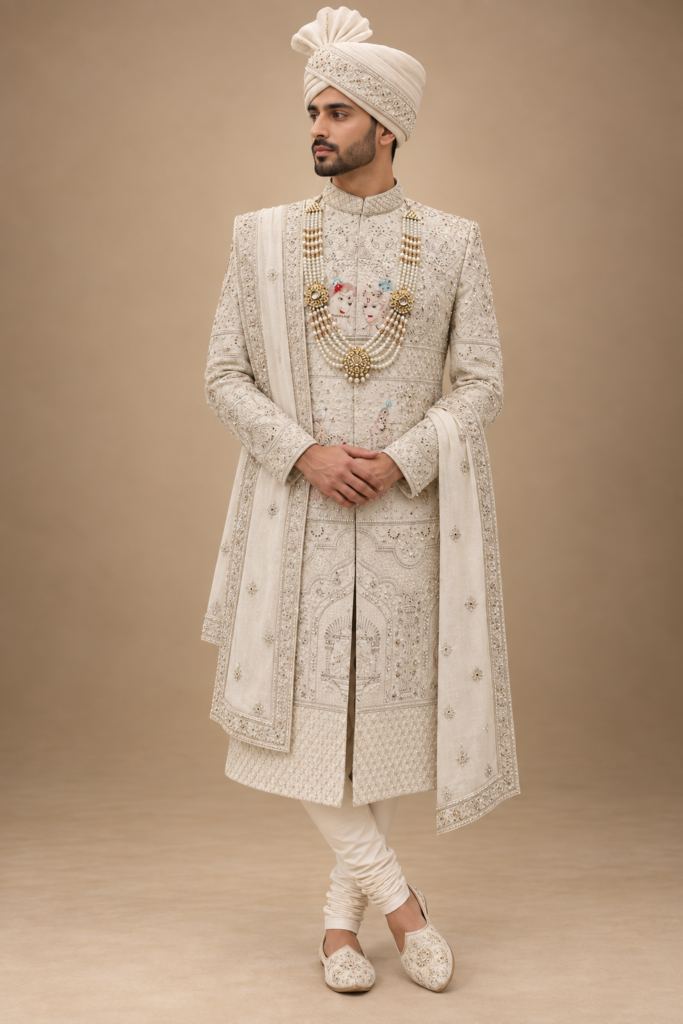 The Rajveer Ivory Heritage Hand-Embroidered Groom Sherwani Set