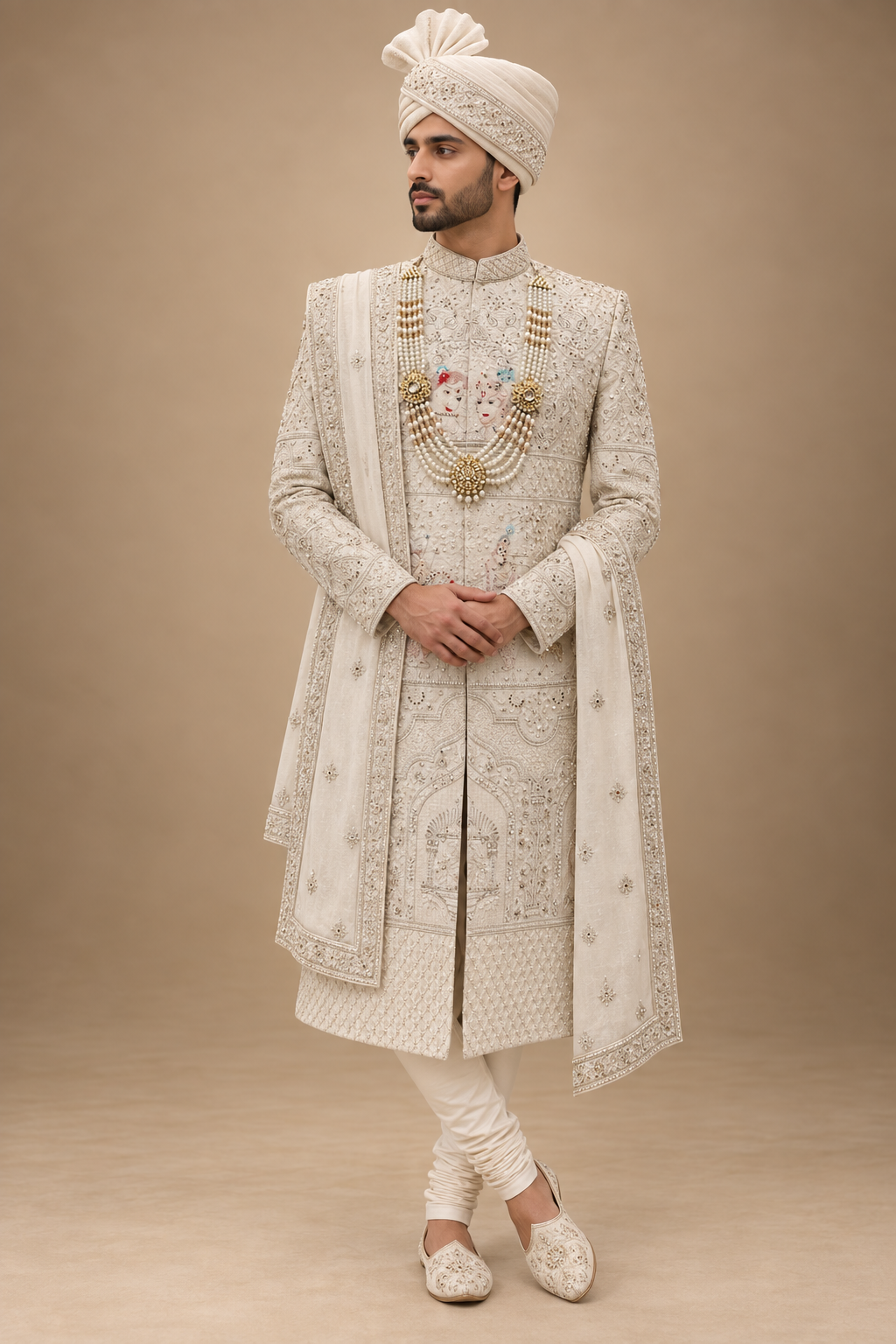 The Rajveer Ivory Heritage Hand-Embroidered Groom Sherwani Set