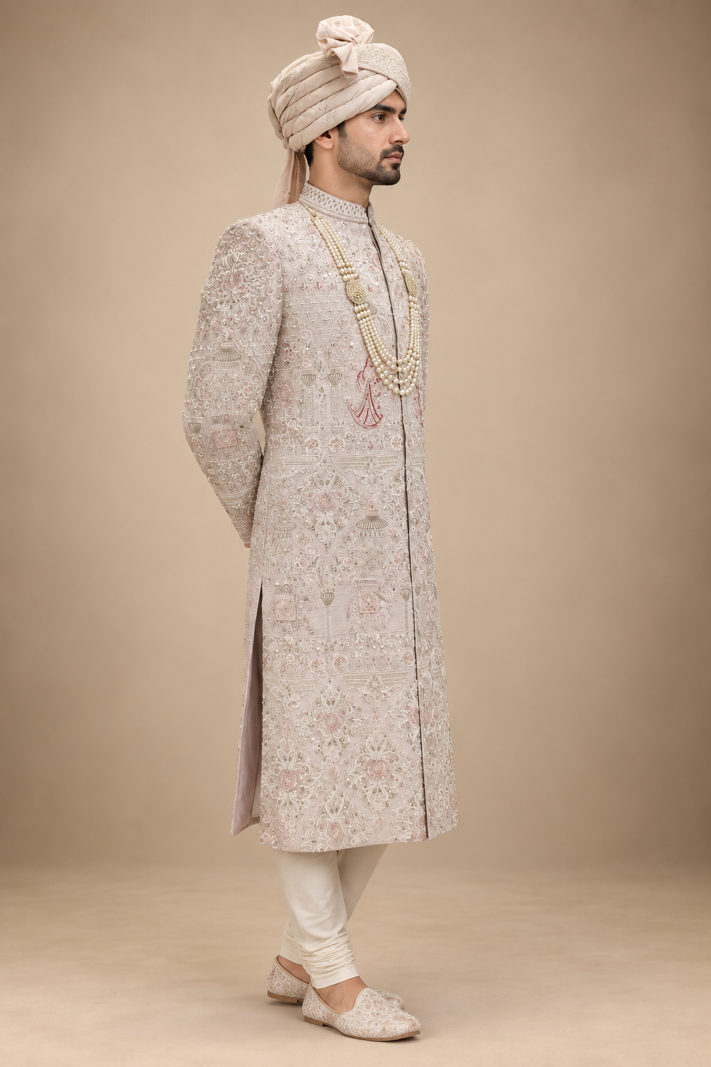The Mehran Blush Rose Hand-Embroidered Groom Sherwani Set