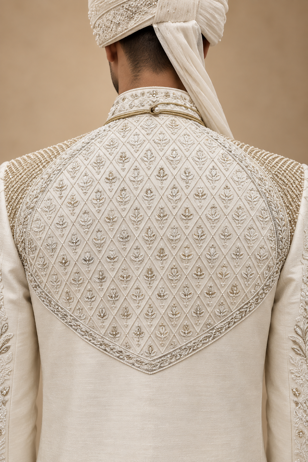 The Aviraj Ivory Hand-Embroidered Royal Groom Sherwani Set