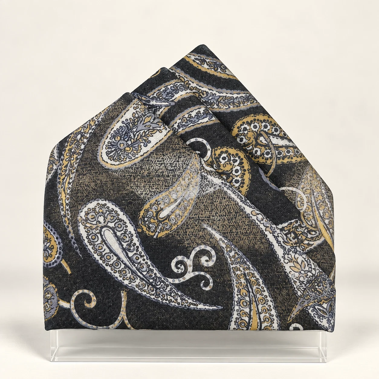 Obsidian Silver Paisley Designer Pre-Fold Pocket Square