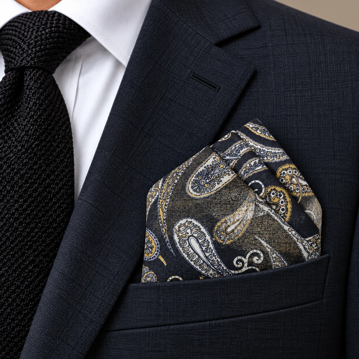 Obsidian Silver Paisley Designer Pre-Fold Pocket Square