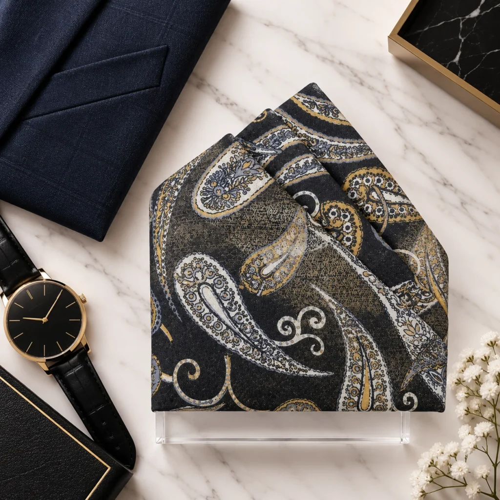 Obsidian Silver Paisley Designer Pre-Fold Pocket Square