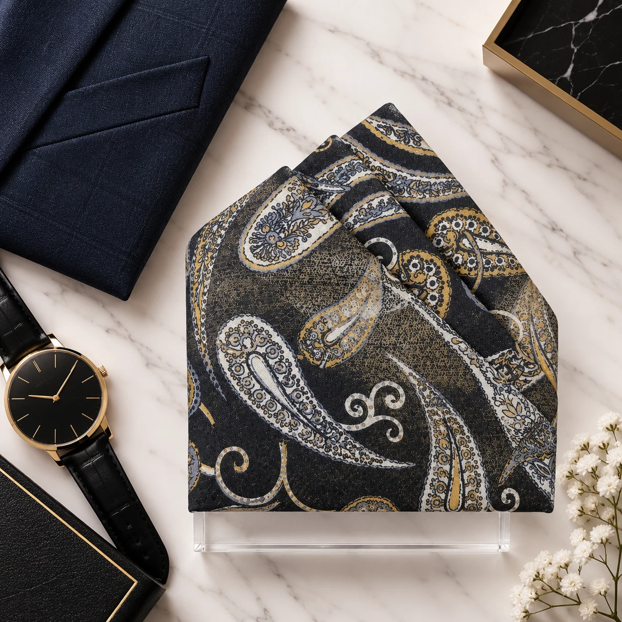 Obsidian Silver Paisley Designer Pre-Fold Pocket Square