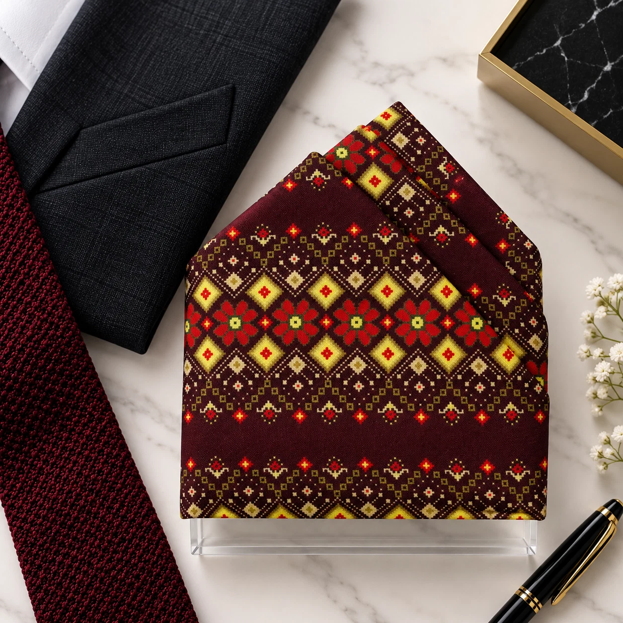 Ruby Mosaic Designer Pre-Fold Pocket Square