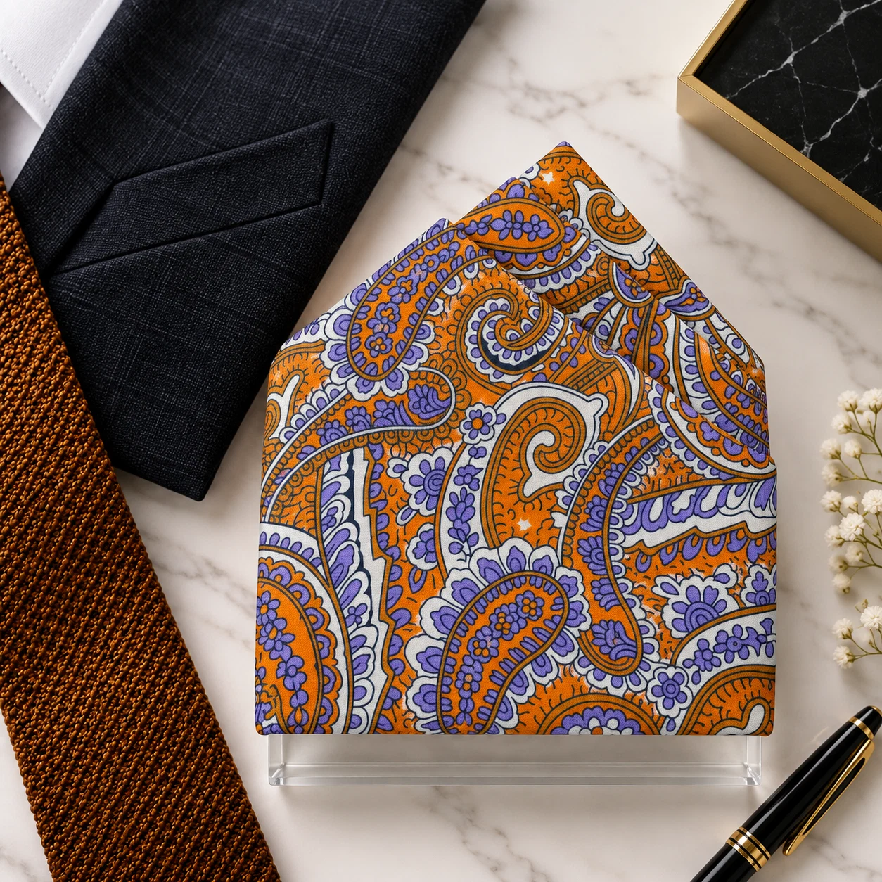 Saffron Paisley Designer Pre-Fold Pocket Square
