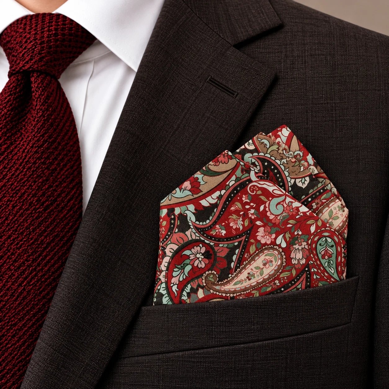 Garnet Heritage Paisley Designer Pre-Fold Pocket Square