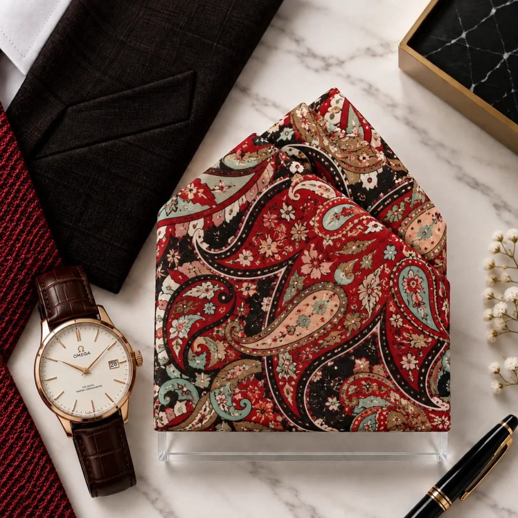 Garnet Heritage Paisley Designer Pre-Fold Pocket Square