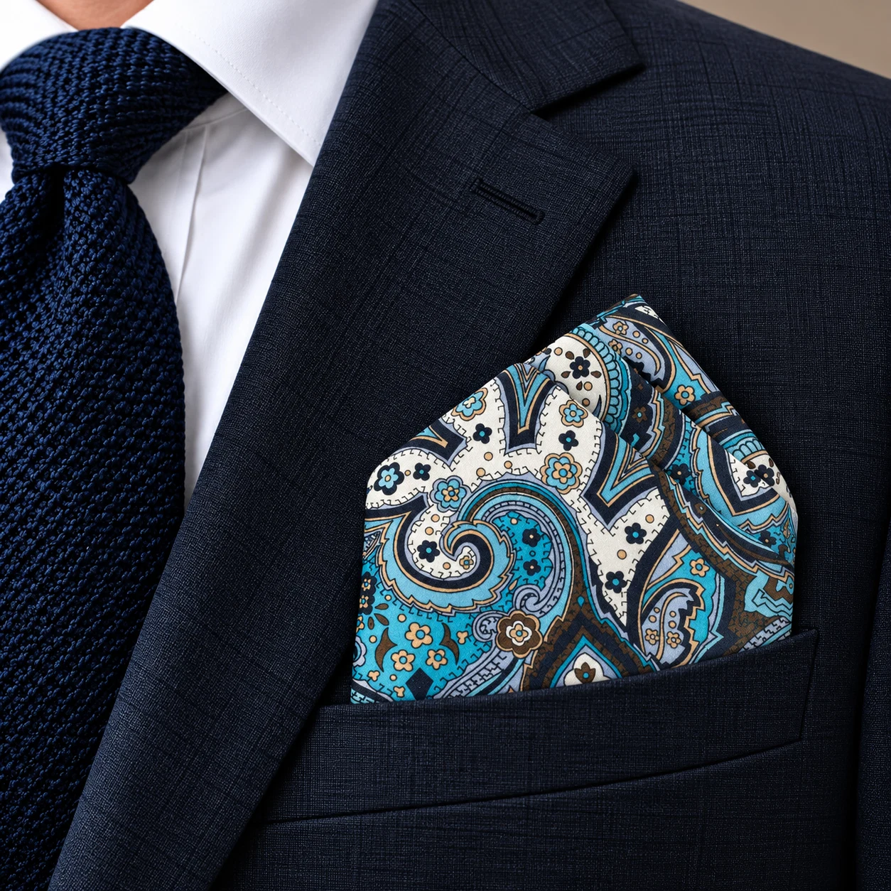 Azure Ivory Paisley Designer Pre-Fold Pocket Square