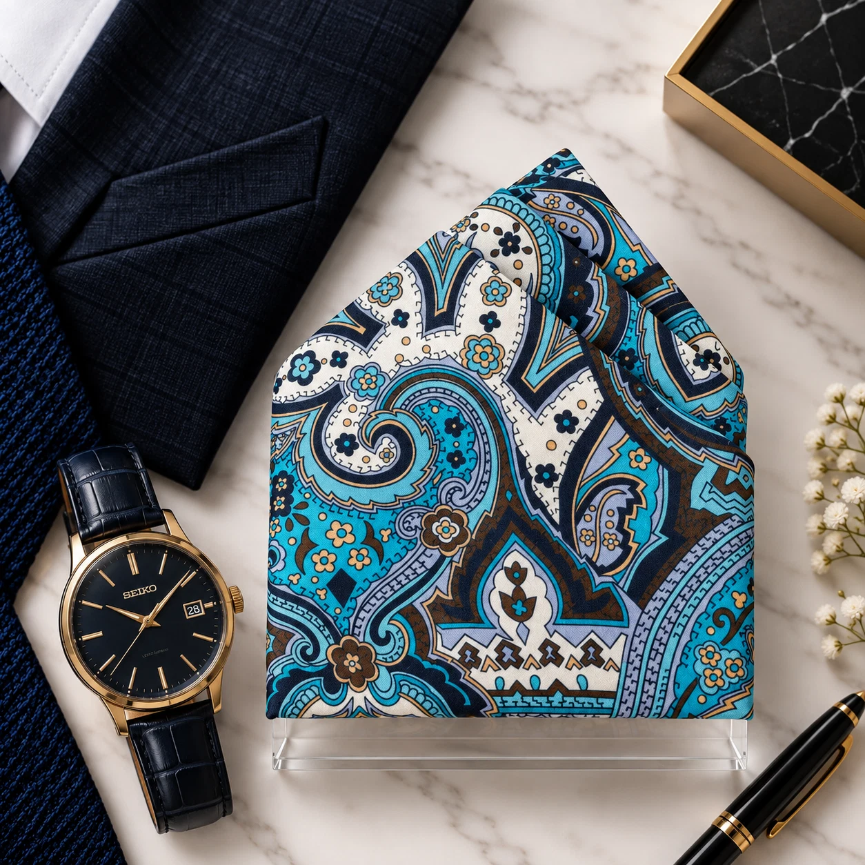 Azure Ivory Paisley Designer Pre-Fold Pocket Square