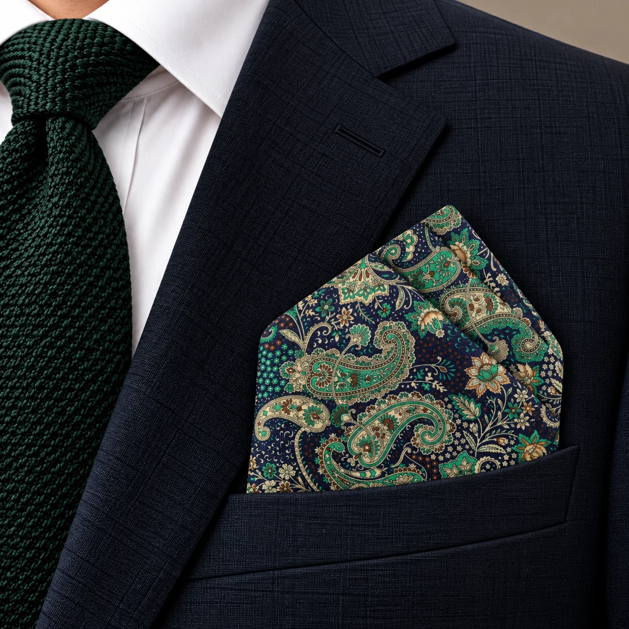 Emerald Garden Paisley Designer Pre-Fold Pocket Square
