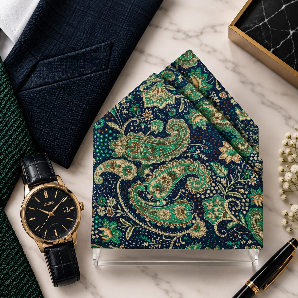 Emerald Garden Paisley Designer Pre-Fold Pocket Square