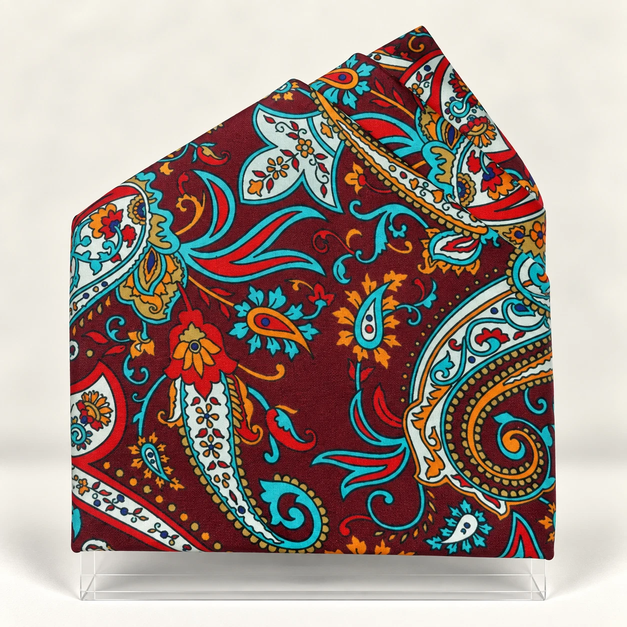 Scarlet Teal Paisley Designer Pre-Fold Pocket Square