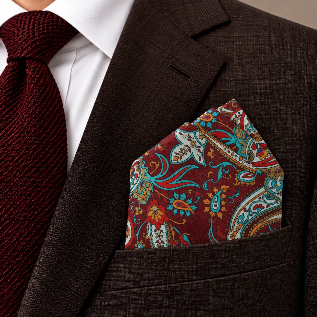 Scarlet Teal Paisley Designer Pre-Fold Pocket Square