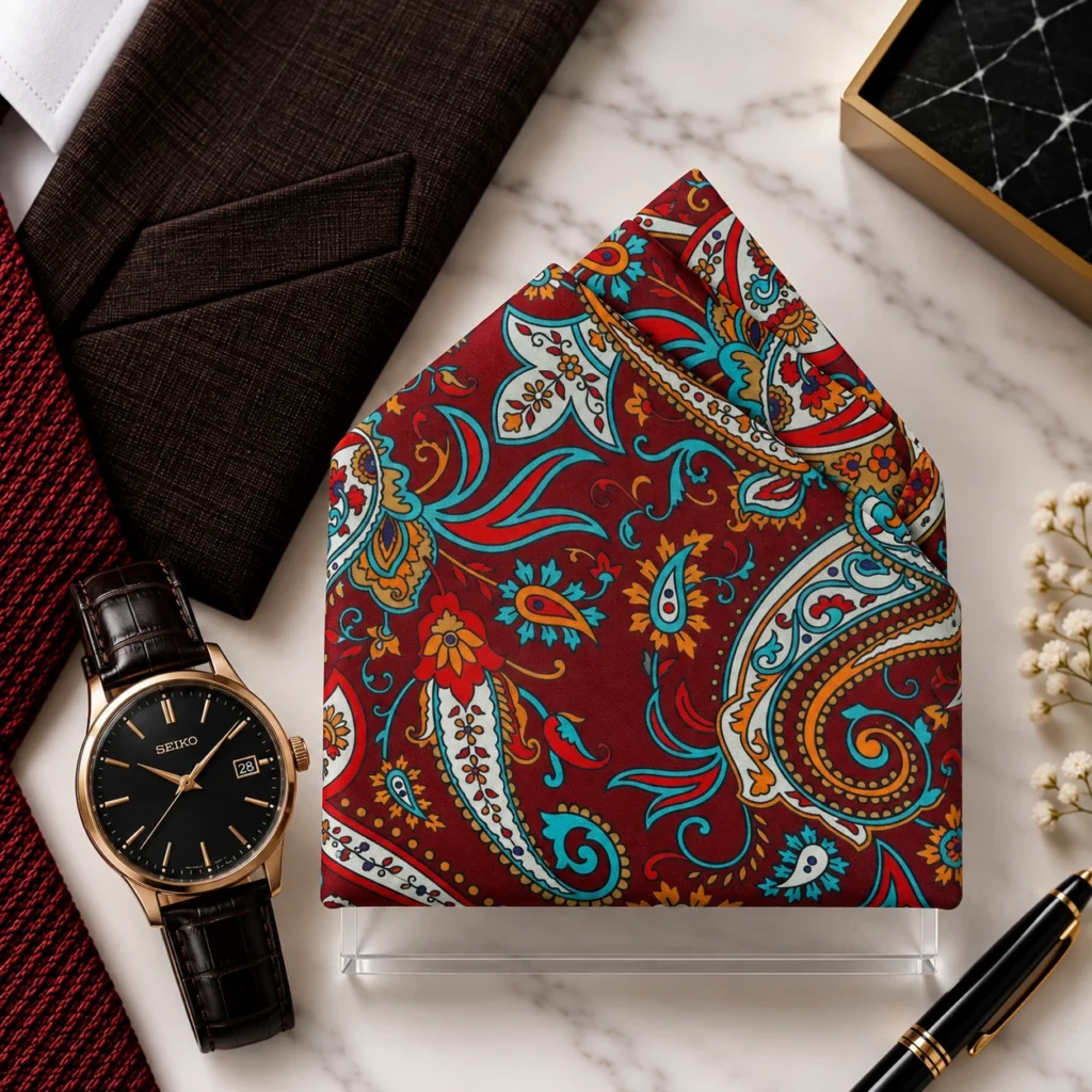 Scarlet Teal Paisley Designer Pre-Fold Pocket Square
