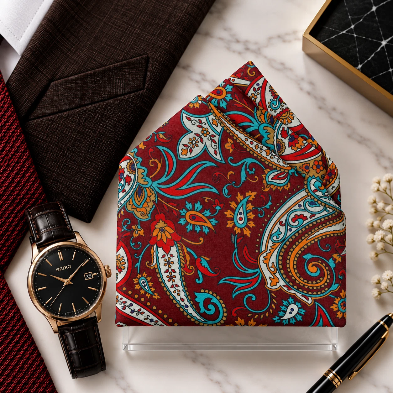 Scarlet Teal Paisley Designer Pre-Fold Pocket Square