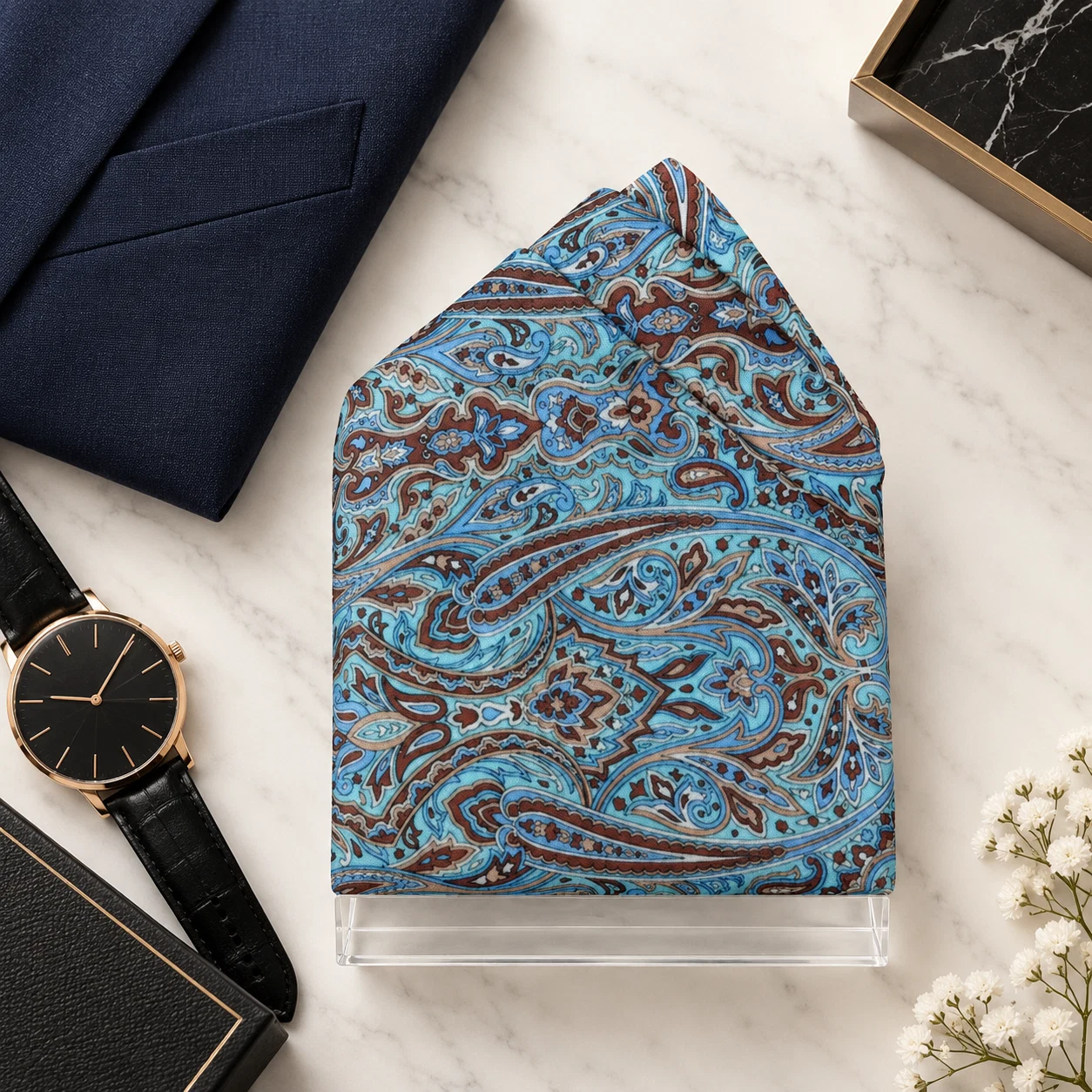 Powder Blue Paisley Designer Pre-Fold Pocket Square