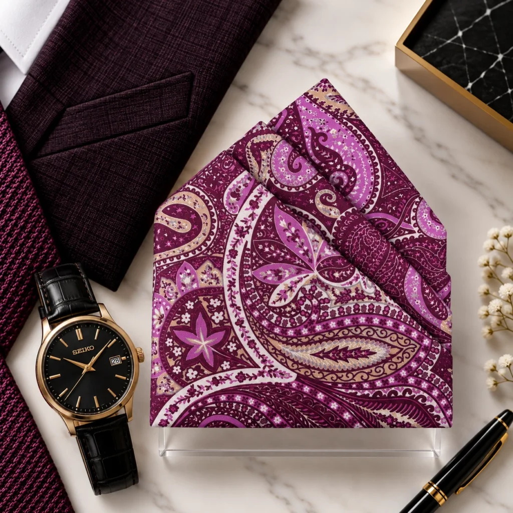 Royal Plum Paisley Designer Pre-Fold Pocket Square