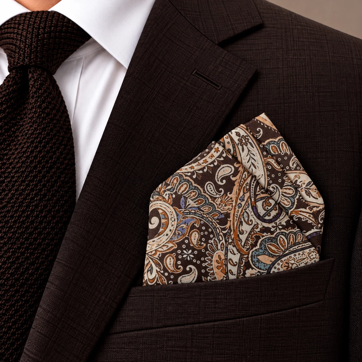 Mocha Heritage Paisley Designer Pre-Fold Pocket Square