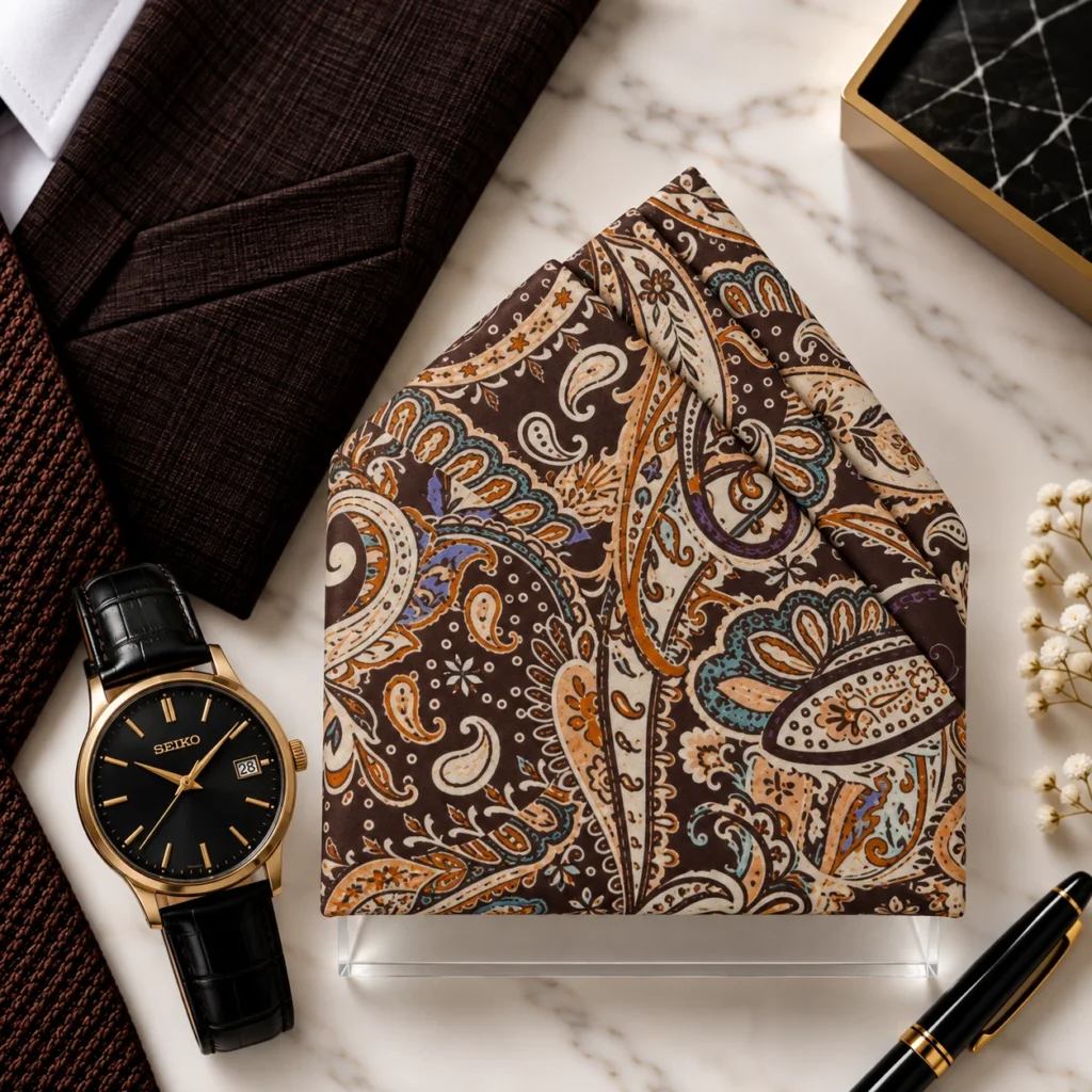 Mocha Heritage Paisley Designer Pre-Fold Pocket Square