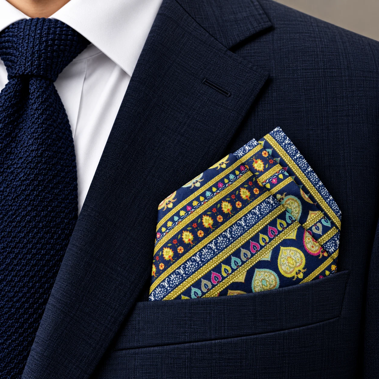 Navy Gold Stripe Designer Pre-Fold Pocket Square