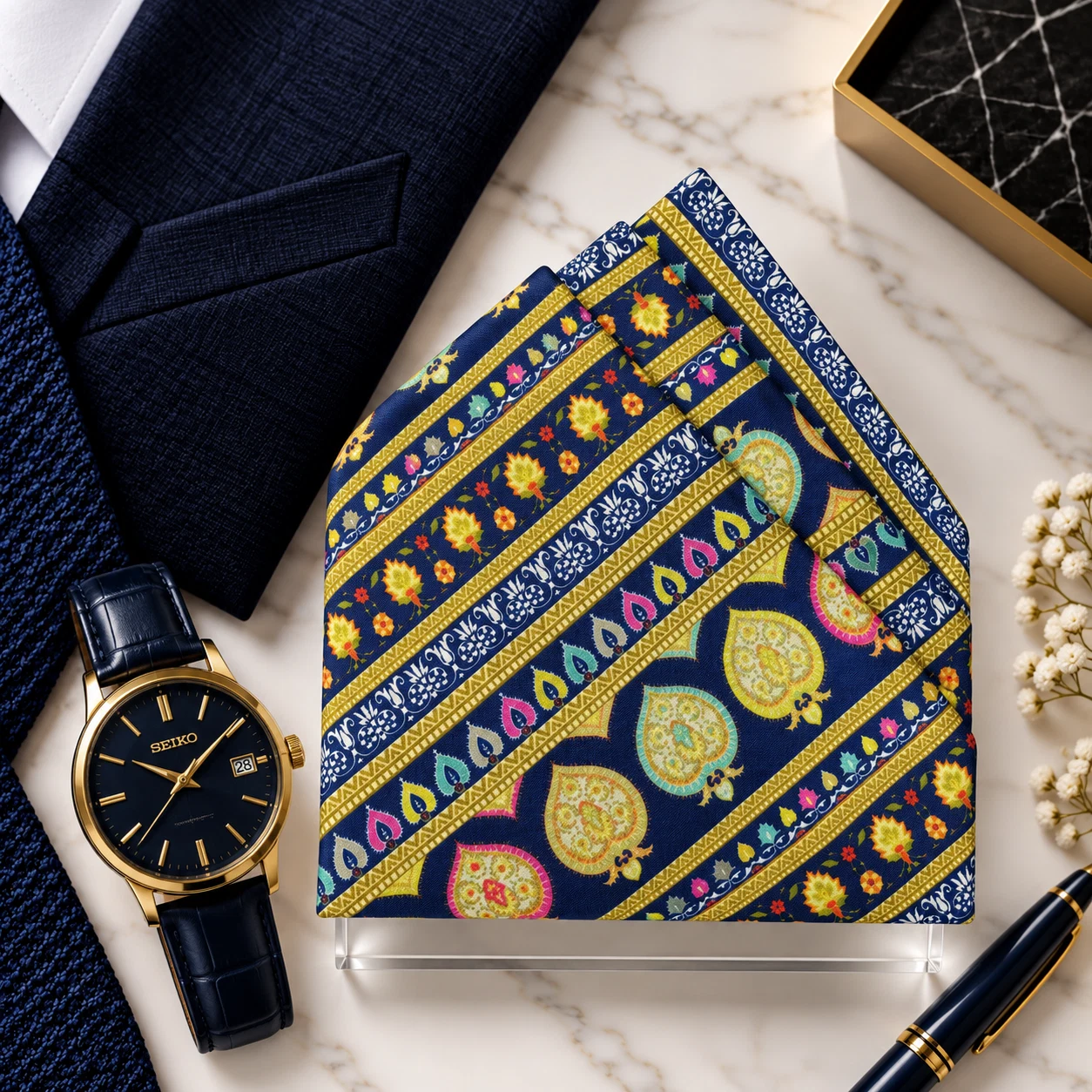 Navy Gold Stripe Designer Pre-Fold Pocket Square