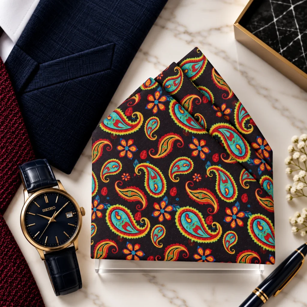 Midnight Carnival Paisley Designer Pre-Fold Pocket Square
