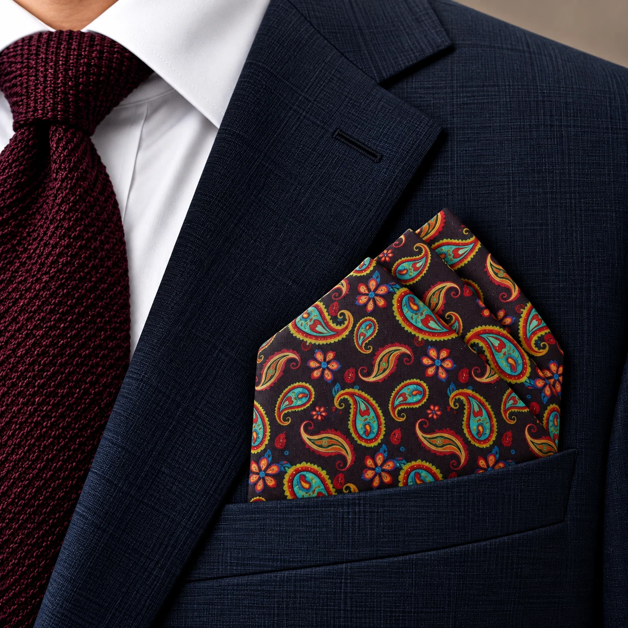Midnight Carnival Paisley Designer Pre-Fold Pocket Square
