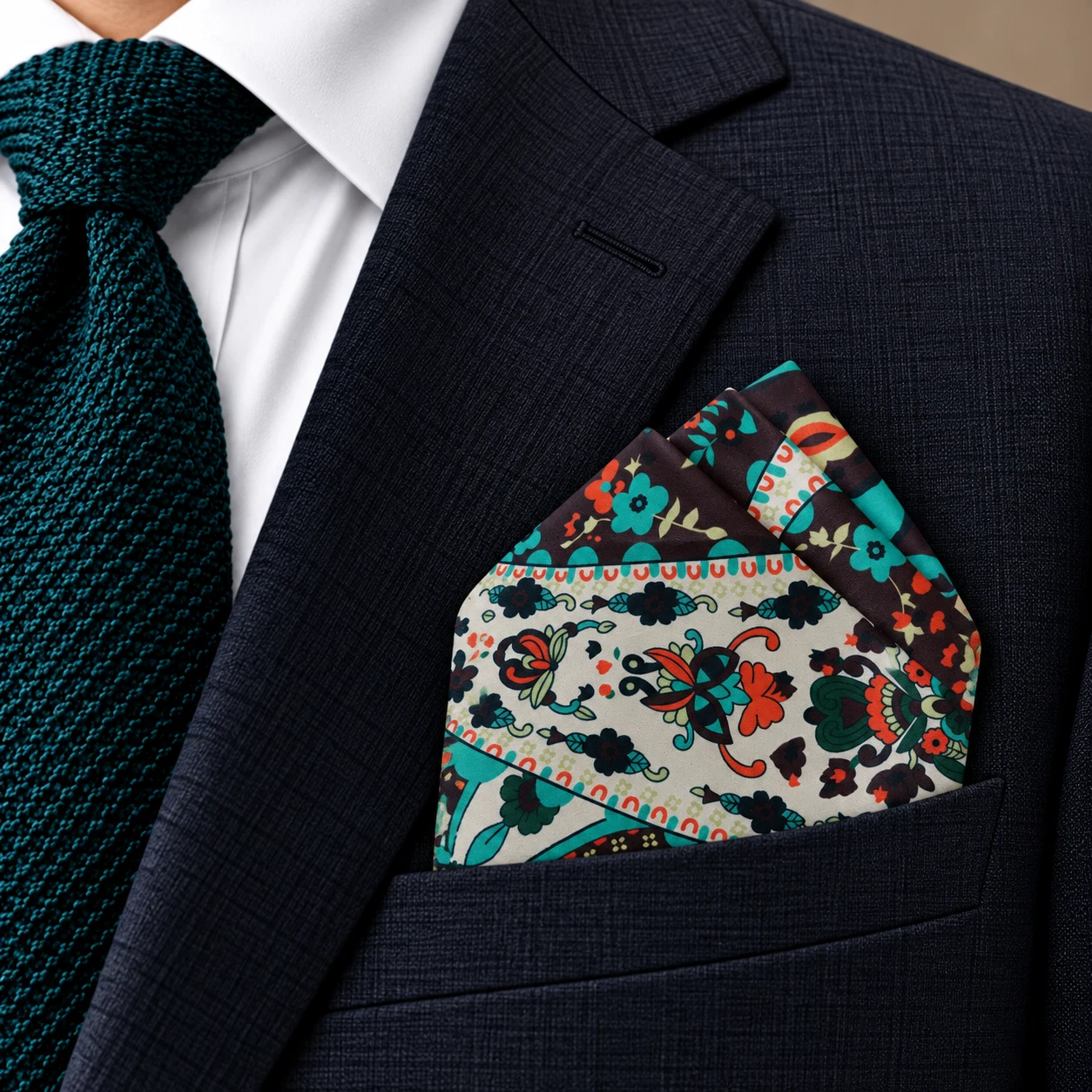 Emerald Folk Stripe Designer Pre-Fold Pocket Square