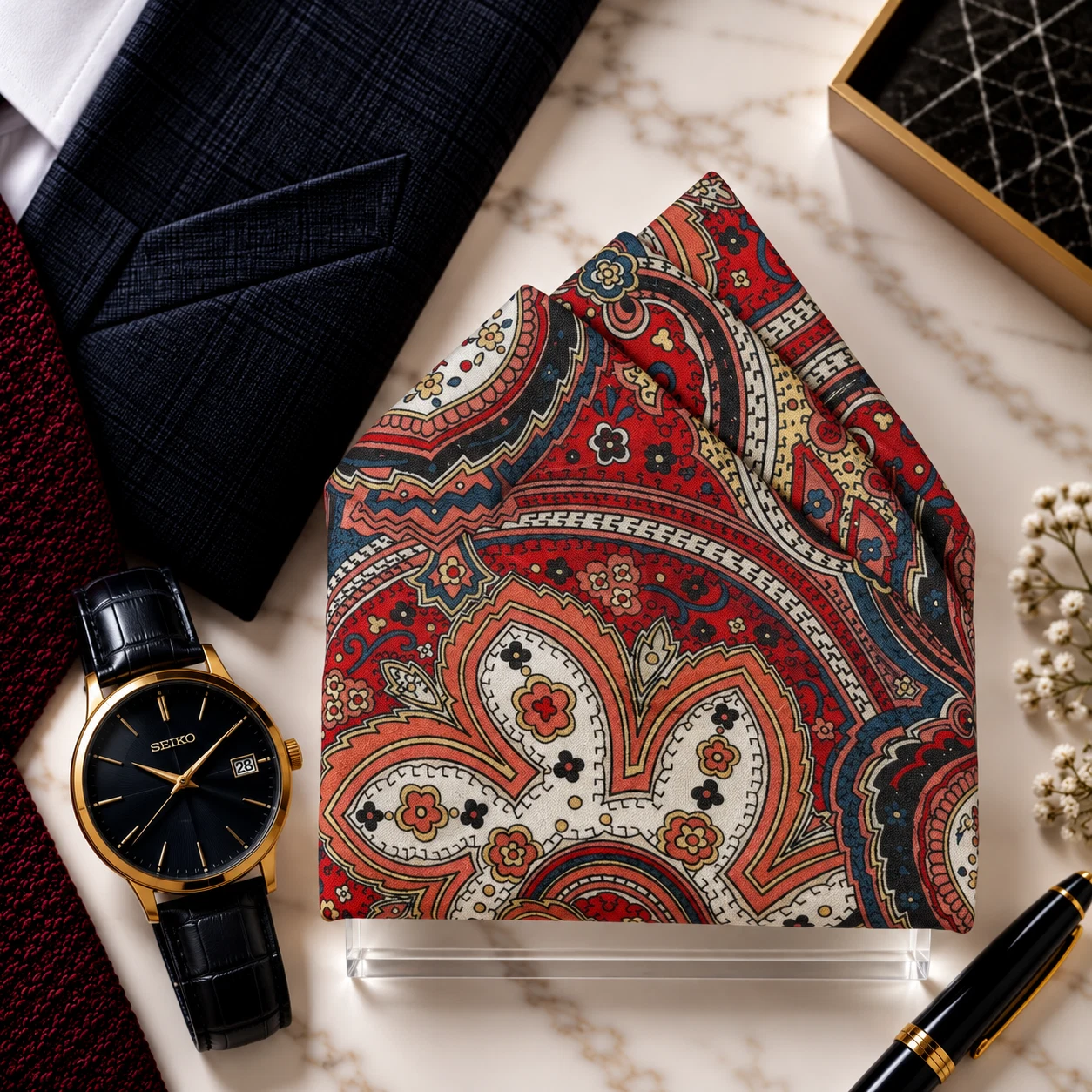 Regal Red Medallion Designer Pre-Fold Pocket Square